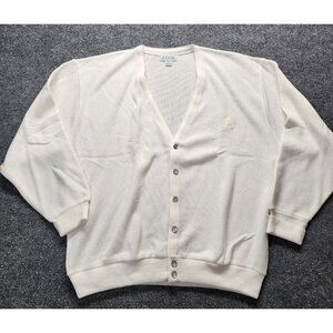 VTG IZOD Crest Logo Cardigan Unisex 1X XL White Preppy Grandpa Sweater Cardigan